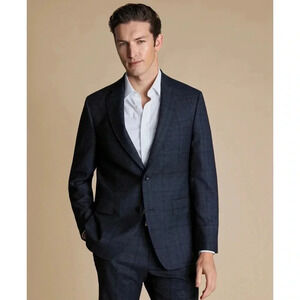 Size 42R Alfred Sung Luxury Wool Navy Blue Plaid Suit Jacket